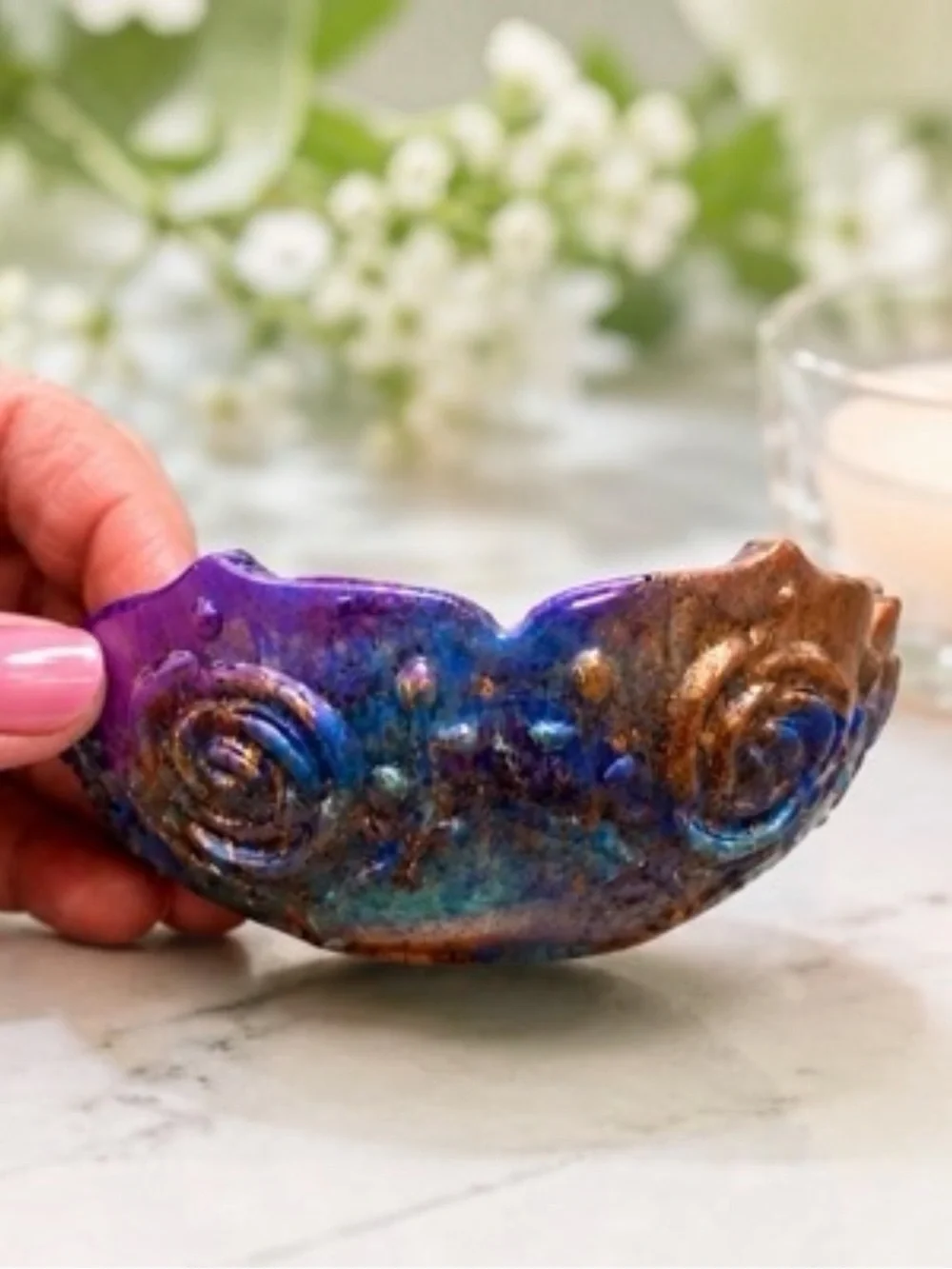 Handmade Iridescent Resin Trinket Dish in Blue and Brown